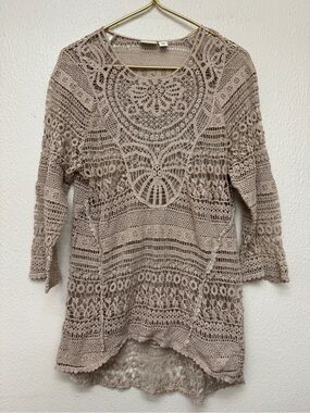 Cato Crochet Lace Tunic Sweater - Taupe Large